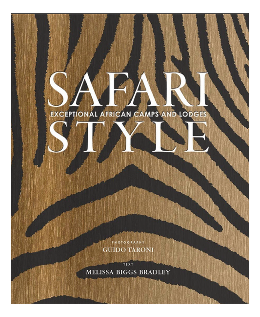 Book cover with zebra print design and text about exceptional African camps and lodges.