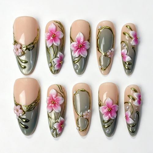 Sage Peony long almond press‑on nails, sage green nude base, 3D pink peony flower, gold trim handmade fake nails