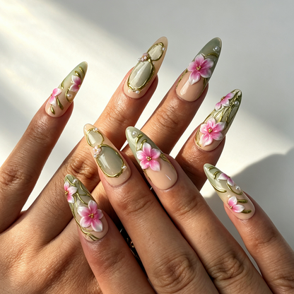 Sage Bloom romantic long almond false nails close-up, sage green cat eye floral pearl dating manicure