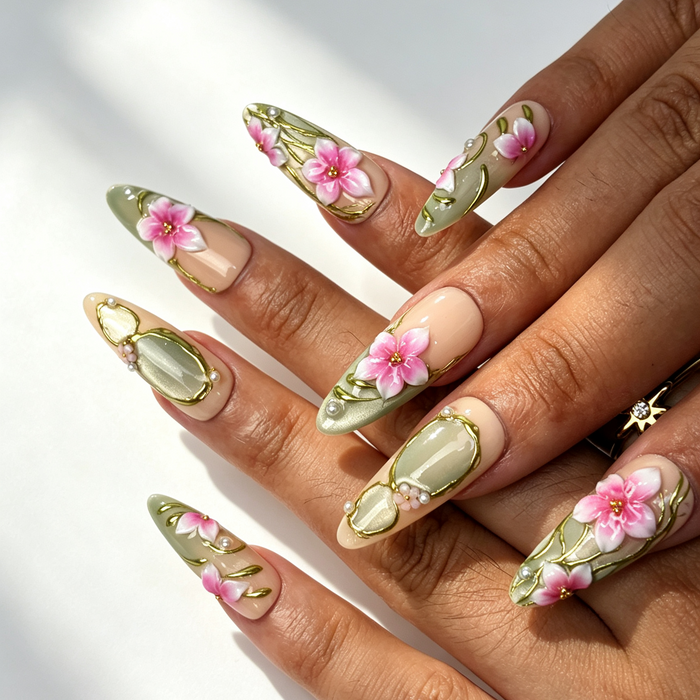 Soft sage green pink peony press‑on nails on hand