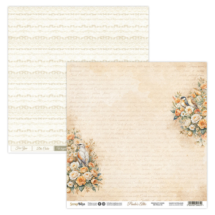 ScrapBoys - 12X12 Paper Pad - Paula's Attic. 12 sheets with bonus on the back of the cover - 250 gsm. Available at Embellish Away located in Bowmanville Ontario Canada.