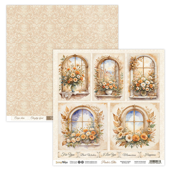 ScrapBoys - 12X12 Paper Pad - Paula's Attic. 12 sheets with bonus on the back of the cover - 250 gsm. Available at Embellish Away located in Bowmanville Ontario Canada.