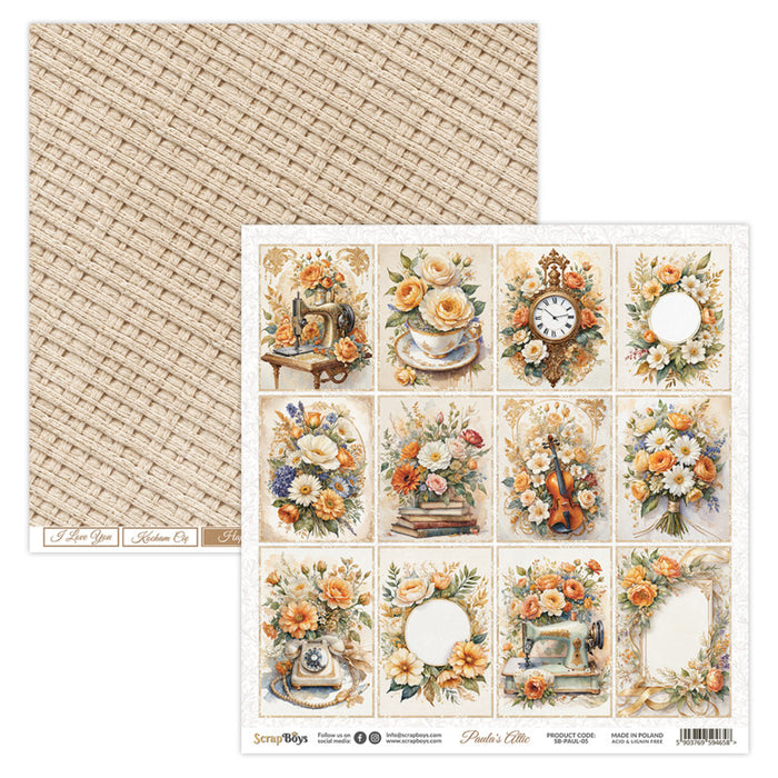 ScrapBoys - 12X12 Paper Pad - Paula's Attic. 12 sheets with bonus on the back of the cover - 250 gsm. Available at Embellish Away located in Bowmanville Ontario Canada.