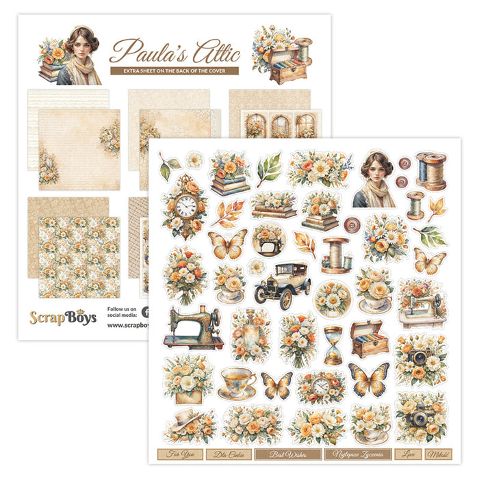 ScrapBoys - 12X12 Paper Pad - Paula's Attic. 12 sheets with bonus on the back of the cover - 250 gsm. Available at Embellish Away located in Bowmanville Ontario Canada.