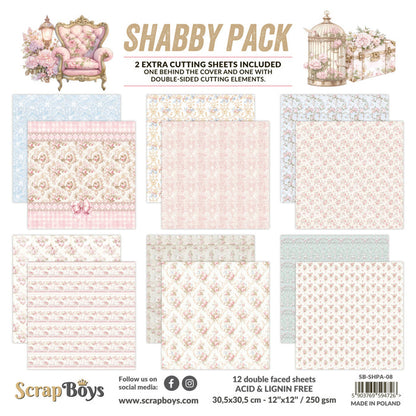 ScrapBoys - 12X12 Paper Pad - Shabby Pack. 12 sheets with 2 extra cutting sheets. Available at Embellish Away located in Bowmanville Ontario Canada.