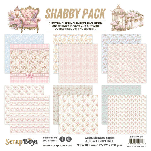 ScrapBoys - 12X12 Paper Pad - Shabby Pack. 12 sheets with 2 extra cutting sheets. Available at Embellish Away located in Bowmanville Ontario Canada.