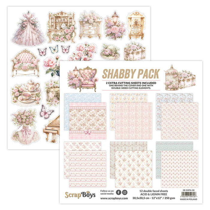ScrapBoys - 12X12 Paper Pad - Shabby Pack. 12 sheets with 2 extra cutting sheets. Available at Embellish Away located in Bowmanville Ontario Canada.