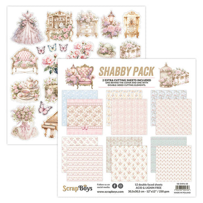ScrapBoys - 12X12 Paper Pad - Shabby Pack. 12 sheets with 2 extra cutting sheets. Available at Embellish Away located in Bowmanville Ontario Canada.