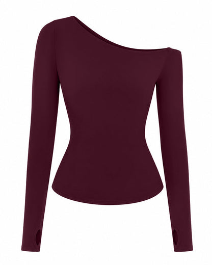 Outline image of Sculpty One Shoulder Long Sleeve Top - Garnet