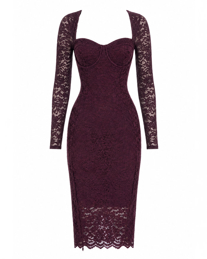 Outline image of Seamed Lushy Long Sleeve Midi Dress - Lace Garnet