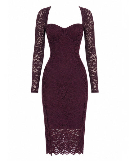 Outline image of Seamed Lushy Long Sleeve Midi Dress - Lace Garnet