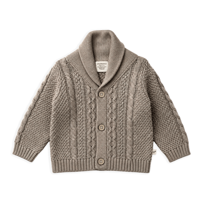 Cocoa Heather Shawl Collar Cable Knit Baby Cardigan Sweater, Organic