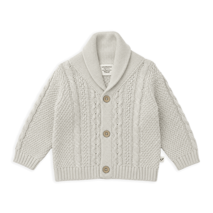 Stone Shawl Collar Cable Knit Baby Cardigan Sweater, Organic