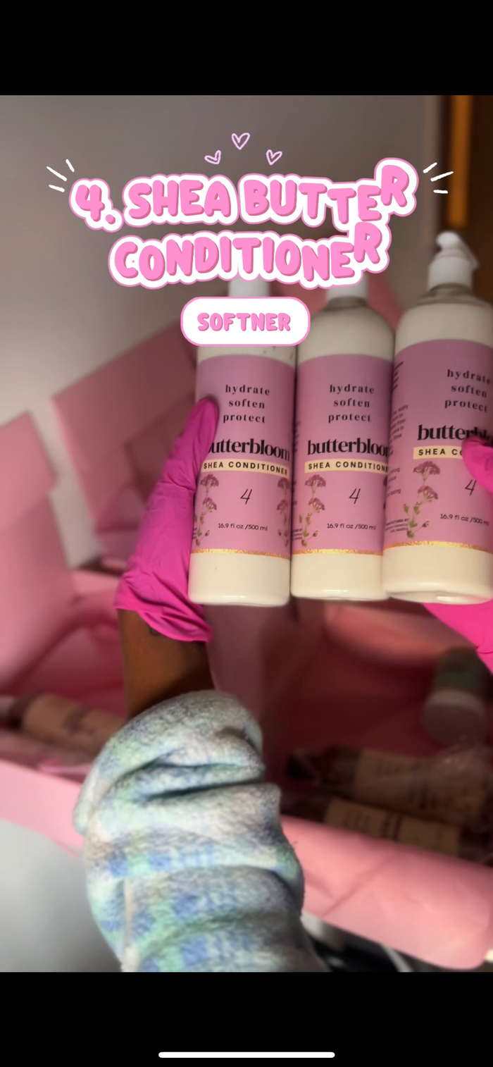 Shea conditioner by butterbloom in a white bottle with a pump dispenser, showing the product label and packaging.