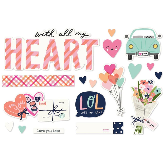 Simple Stories - Simple Pages Page Pieces - With All My Heart - Happy Hearts. This package includes 18 Large Die Cut Cardstock Pieces. Available at Embellish Away located in Bowmanville Ontario Canada.