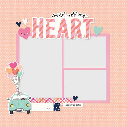 Simple Stories - Simple Pages Page Pieces - With All My Heart - Happy Hearts. This package includes 18 Large Die Cut Cardstock Pieces. Available at Embellish Away located in Bowmanville Ontario Canada. Left Page Example