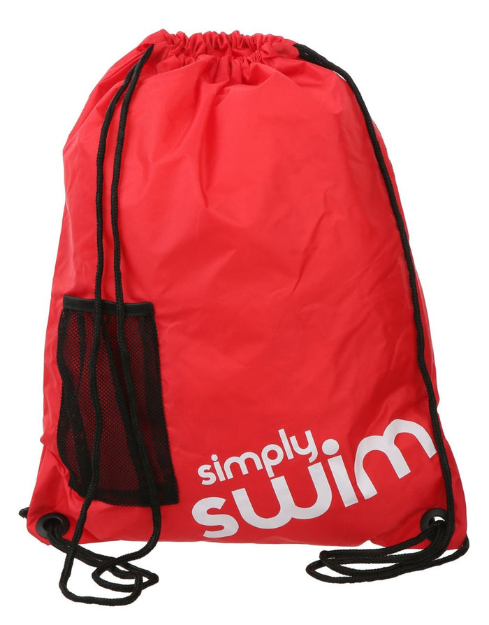 Red Simply Swim Deluxe swim bag with white text and mesh pocket
