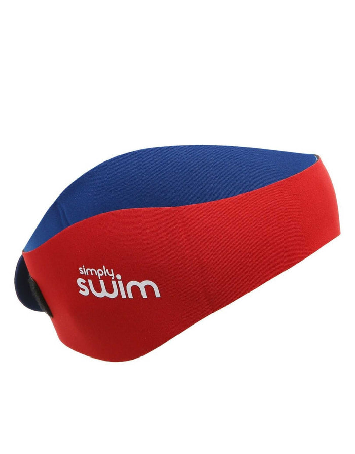 Red and blue Simply Swim reversible junior swim ear band with logo