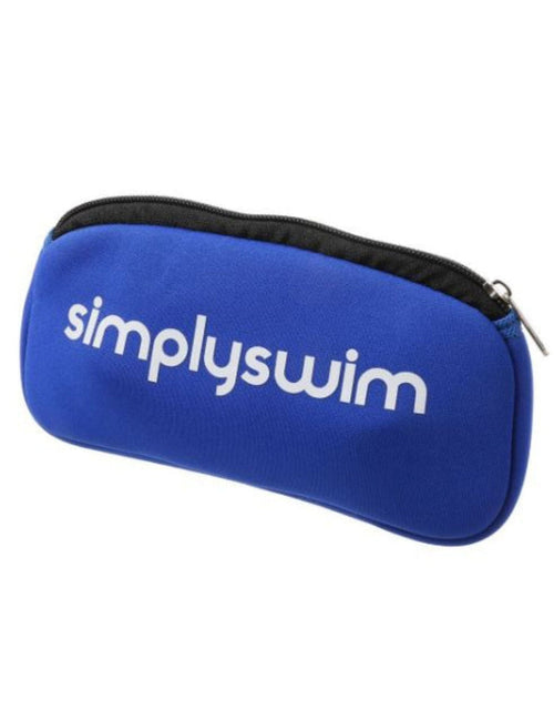 Blue Simply Swim goggle pouch with white logo and black zipper