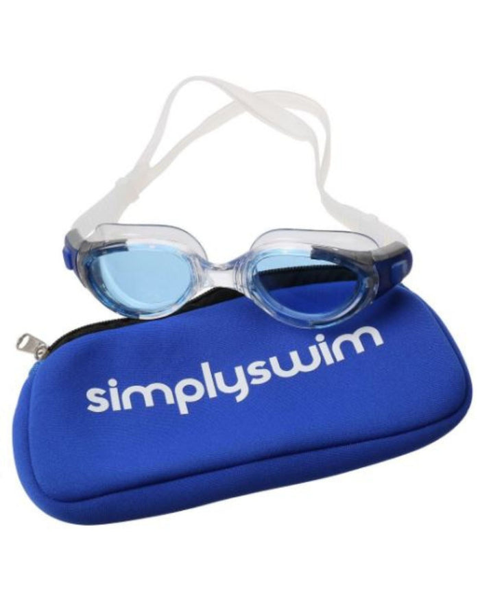 Simply Swim blue goggles in spongy neoprene pouch
