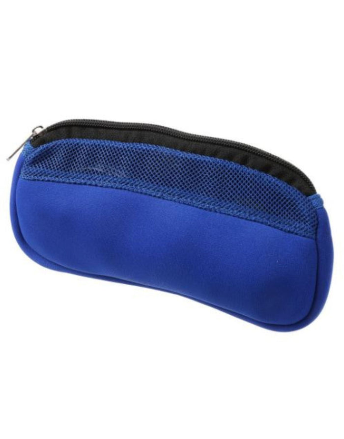 Royal blue spongy neoprene swim goggle pouch with black zipper and mesh fabric pocket