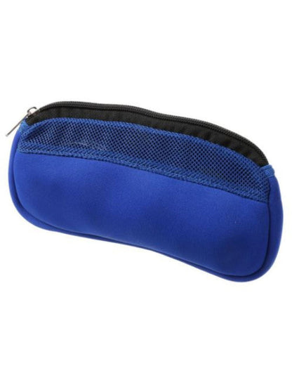 Royal blue spongy neoprene swim goggle pouch with black zipper and mesh fabric pocket