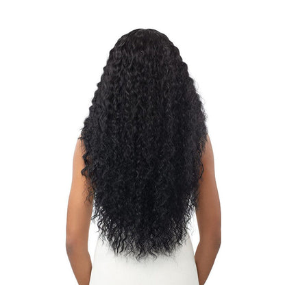 OUTRE 28 inch lace front wig black long deep wave curly style shown from back on model