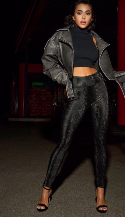 Snake print Fleece Faux Leather Leggings