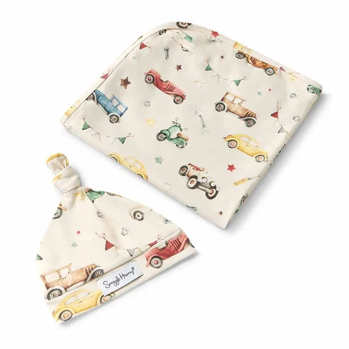 Snuggle Hunny Organic Jersey Wrap & Beanie - Vintage Cars