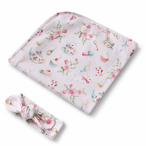 Snuggle Hunny Organic Jersey Wrap & Top Knot - Alice's Tea Party