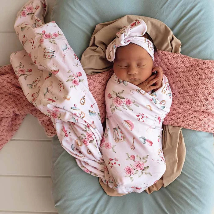Snuggle Hunny Organic Jersey Wrap & Top Knot - Alice's Tea Party