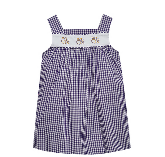 Southern Saturday Tiger Paw Emb. Sundress-Purple Gingham