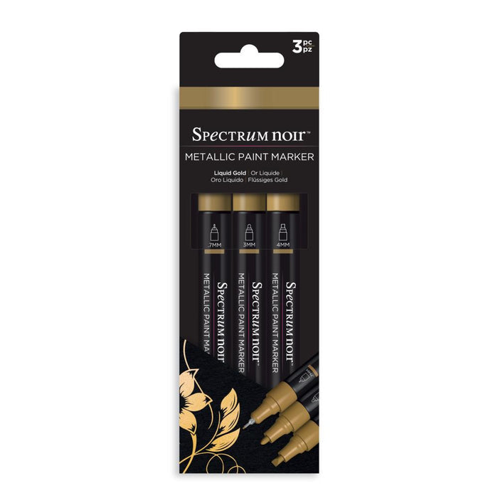 Spectrum Noir - Metallic Paint Marker - 3/Pkg - Liquid Gold. A new line of intense, high-shine opaque metallic markers in gold silver and copper. Use on paper, card, canvas, wood, metal, plastic, glass, ceramic and most surfaces. Each set includes: 3 Markers, 1 colour. With a .7MM Superfine Tip, 3MM Fine Tip AND 4 MM Chisel Tip for a huge range of applications. Available at Embellish Away located in Bowmanville Ontario Canada.