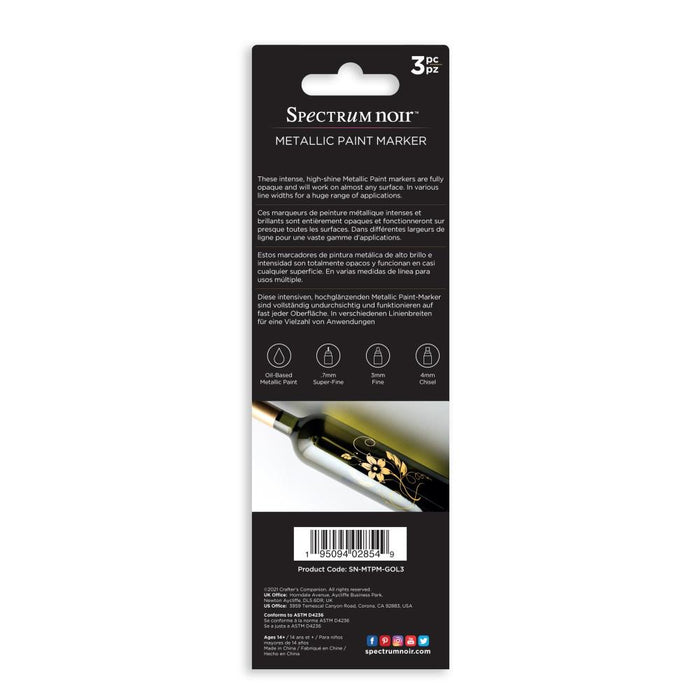 Spectrum Noir - Metallic Paint Marker - 3/Pkg - Liquid Gold. A new line of intense, high-shine opaque metallic markers in gold silver and copper. Use on paper, card, canvas, wood, metal, plastic, glass, ceramic and most surfaces. Each set includes: 3 Markers, 1 colour. With a .7MM Superfine Tip, 3MM Fine Tip AND 4 MM Chisel Tip for a huge range of applications. Available at Embellish Away located in Bowmanville Ontario Canada.
