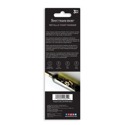 Spectrum Noir - Metallic Paint Marker - 3/Pkg - Liquid Gold. A new line of intense, high-shine opaque metallic markers in gold silver and copper. Use on paper, card, canvas, wood, metal, plastic, glass, ceramic and most surfaces. Each set includes: 3 Markers, 1 colour. With a .7MM Superfine Tip, 3MM Fine Tip AND 4 MM Chisel Tip for a huge range of applications. Available at Embellish Away located in Bowmanville Ontario Canada.
