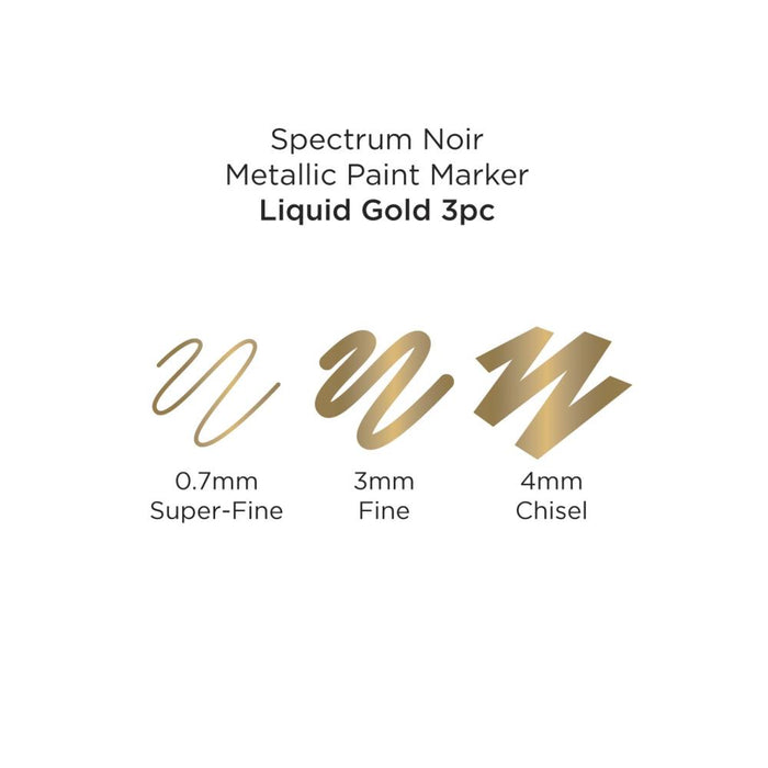 Spectrum Noir - Metallic Paint Marker - 3/Pkg - Liquid Gold. A new line of intense, high-shine opaque metallic markers in gold silver and copper. Use on paper, card, canvas, wood, metal, plastic, glass, ceramic and most surfaces. Each set includes: 3 Markers, 1 colour. With a .7MM Superfine Tip, 3MM Fine Tip AND 4 MM Chisel Tip for a huge range of applications. Available at Embellish Away located in Bowmanville Ontario Canada.