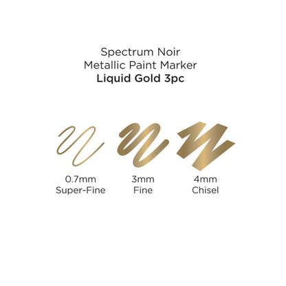 Spectrum Noir - Metallic Paint Marker - 3/Pkg - Liquid Gold. A new line of intense, high-shine opaque metallic markers in gold silver and copper. Use on paper, card, canvas, wood, metal, plastic, glass, ceramic and most surfaces. Each set includes: 3 Markers, 1 colour. With a .7MM Superfine Tip, 3MM Fine Tip AND 4 MM Chisel Tip for a huge range of applications. Available at Embellish Away located in Bowmanville Ontario Canada.