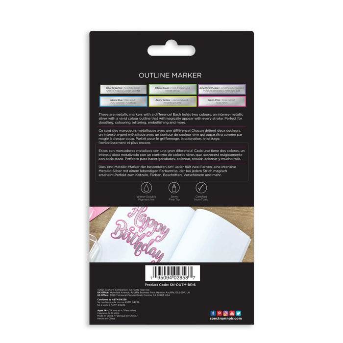 Spectrum Noir - Outline Markers - 6/Pkg - Dazzling Brights. These are metallic markers with a difference! Each holds two colours, an intense metallic silver with a vivid colour outline that will magically appear with every stroke. Perfect for doodling, coloring, lettering embellishing and more. 6 Colours (Cool Graphite, Citrus Green, Amethyst Purple, Azure Blue, Zesty Yellow and Neon Pink). Available at Embellish Away located in Bowmanville Ontario Canada.