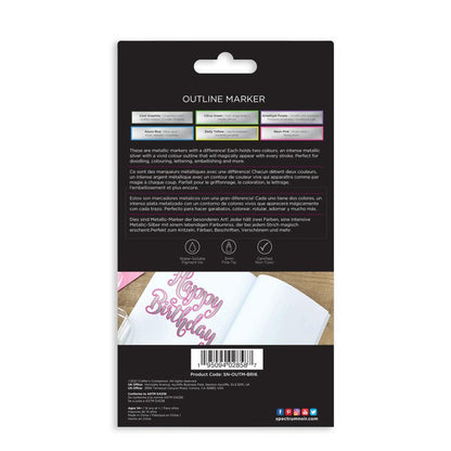 Spectrum Noir - Outline Markers - 6/Pkg - Dazzling Brights. These are metallic markers with a difference! Each holds two colours, an intense metallic silver with a vivid colour outline that will magically appear with every stroke. Perfect for doodling, coloring, lettering embellishing and more. 6 Colours (Cool Graphite, Citrus Green, Amethyst Purple, Azure Blue, Zesty Yellow and Neon Pink). Available at Embellish Away located in Bowmanville Ontario Canada.