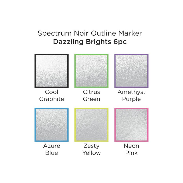 Spectrum Noir - Outline Markers - 6/Pkg - Dazzling Brights. These are metallic markers with a difference! Each holds two colours, an intense metallic silver with a vivid colour outline that will magically appear with every stroke. Perfect for doodling, coloring, lettering embellishing and more. 6 Colours (Cool Graphite, Citrus Green, Amethyst Purple, Azure Blue, Zesty Yellow and Neon Pink). Available at Embellish Away located in Bowmanville Ontario Canada.