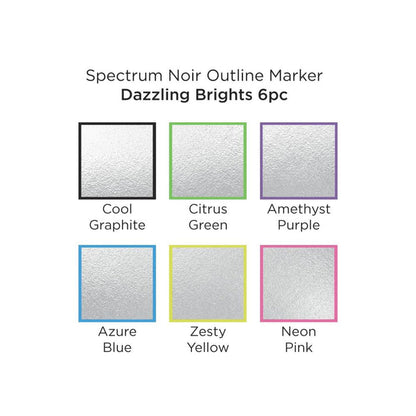 Spectrum Noir - Outline Markers - 6/Pkg - Dazzling Brights. These are metallic markers with a difference! Each holds two colours, an intense metallic silver with a vivid colour outline that will magically appear with every stroke. Perfect for doodling, coloring, lettering embellishing and more. 6 Colours (Cool Graphite, Citrus Green, Amethyst Purple, Azure Blue, Zesty Yellow and Neon Pink). Available at Embellish Away located in Bowmanville Ontario Canada.