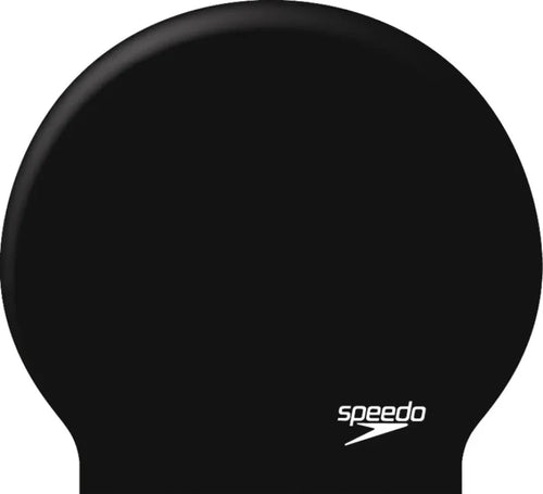Black Speedo Biofuse protective swimming cap, snug fit swim hat designed for comfort and hydrodynamics.