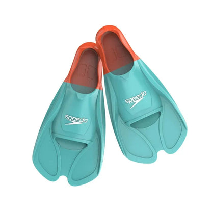 Speedo Biofuse Training Fin in Arctic Glass and Volcanic Orange, showing the fin's textured design and bright color scheme.