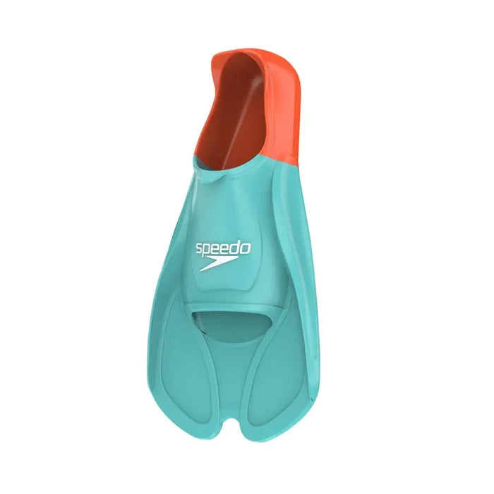 Speedo Biofuse Training Fin in Arctic Glass and Volcanic Orange, showing the sleek design and bright color of the fins.