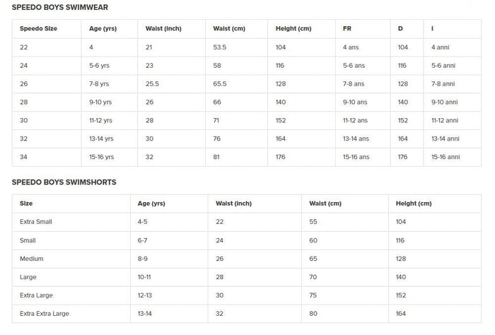 Speedo Boys Endurance Plus Jammer black size chart with measurements