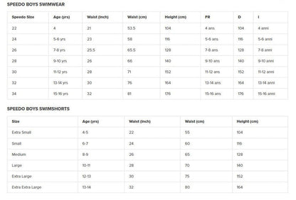 Speedo Boys Endurance Plus Jammer black size chart with measurements