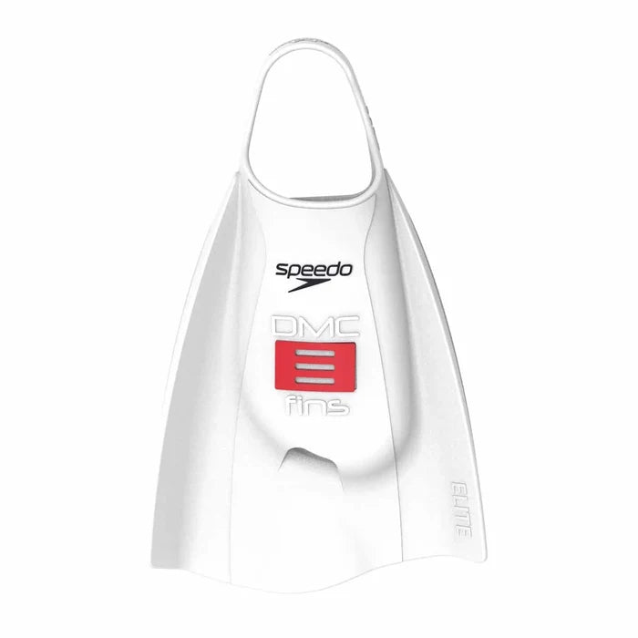 White Speedo DMC Elite fins for swimming, showing the lightweight design and adjustable foot pocket for comfortable fit.
