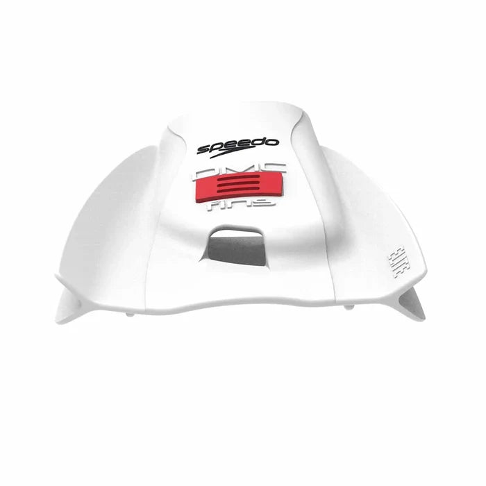 Speedo DMC Elite fins in white, lightweight swim fins designed for diving and training, shown resting on a white background.