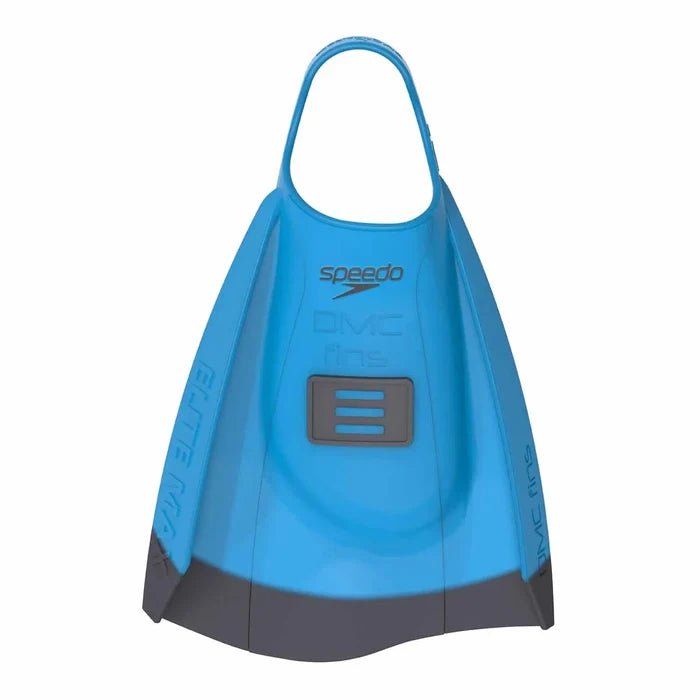 Blue Speedo DMC Elite Max Fins for swimming, showing the sleek fin design and bright blue color in a close-up view.