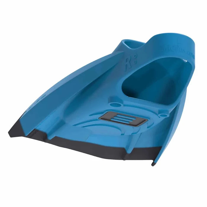 Blue Speedo DMC Elite Max fins for swimming and training, shown in a close-up image highlighting the fin's design and brand logo.